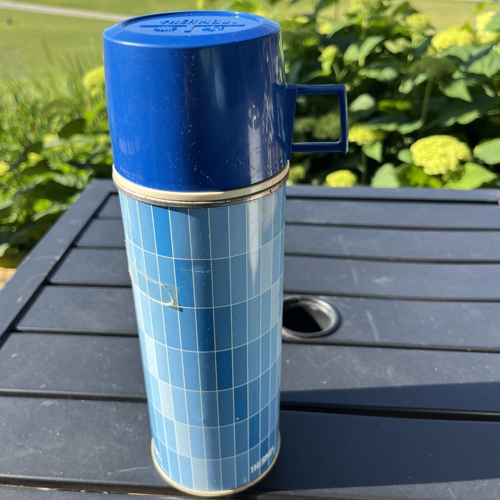 Vintage Thermos Half Pint Blue Grid Pattern King Seeley USA 1970s Intact